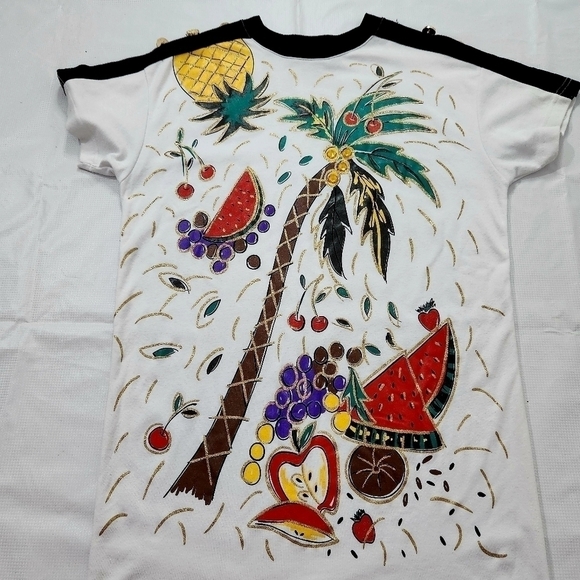 Vintage 80s Adolfo Sport Casual VacationDress Shoulder Pads Fruit Palm Trees - Picture 9 of 10